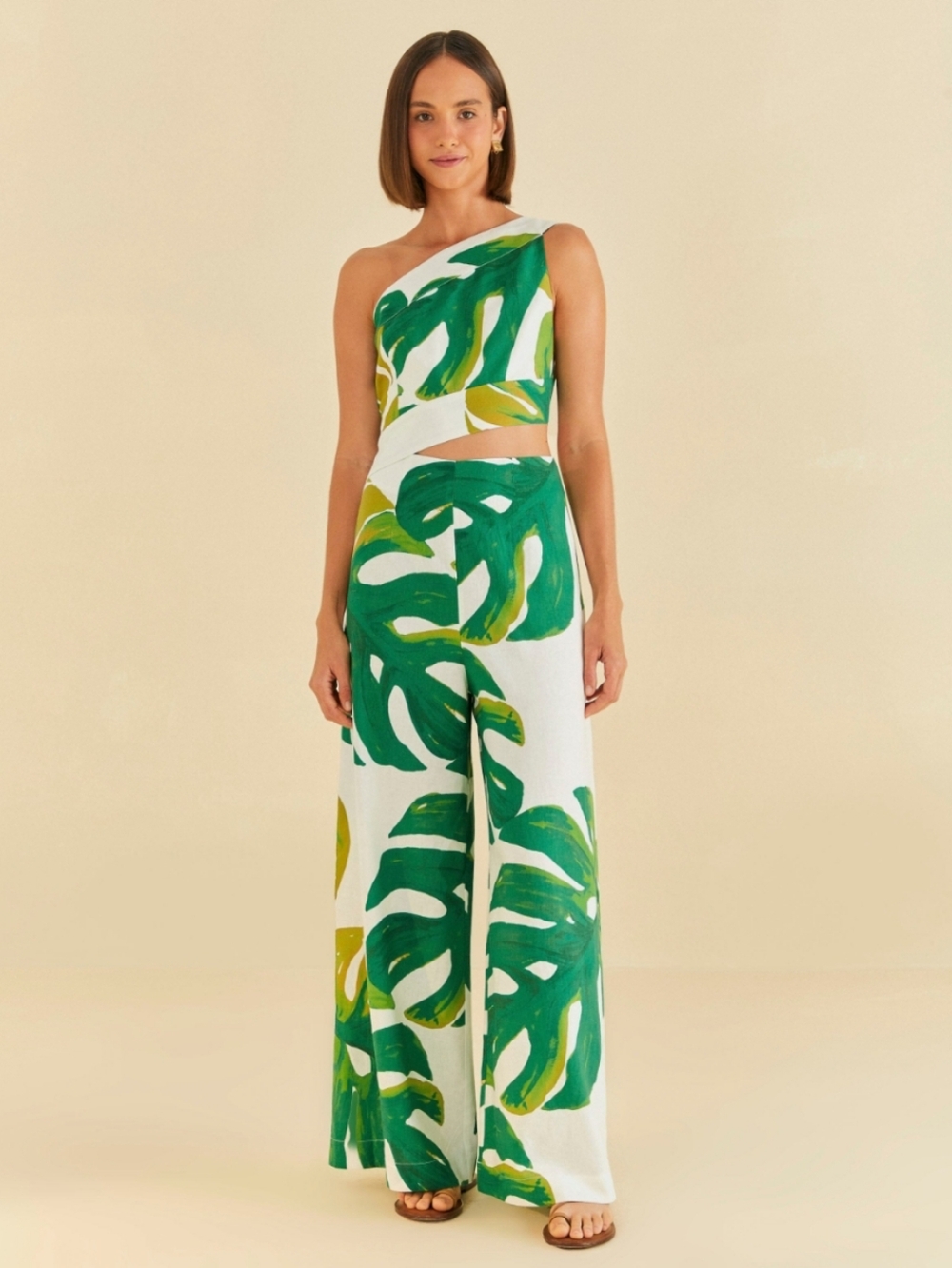 Farm Rio White Monstera One Shoulder Wide Leg Jumpsuit Linen Tropical Leaf